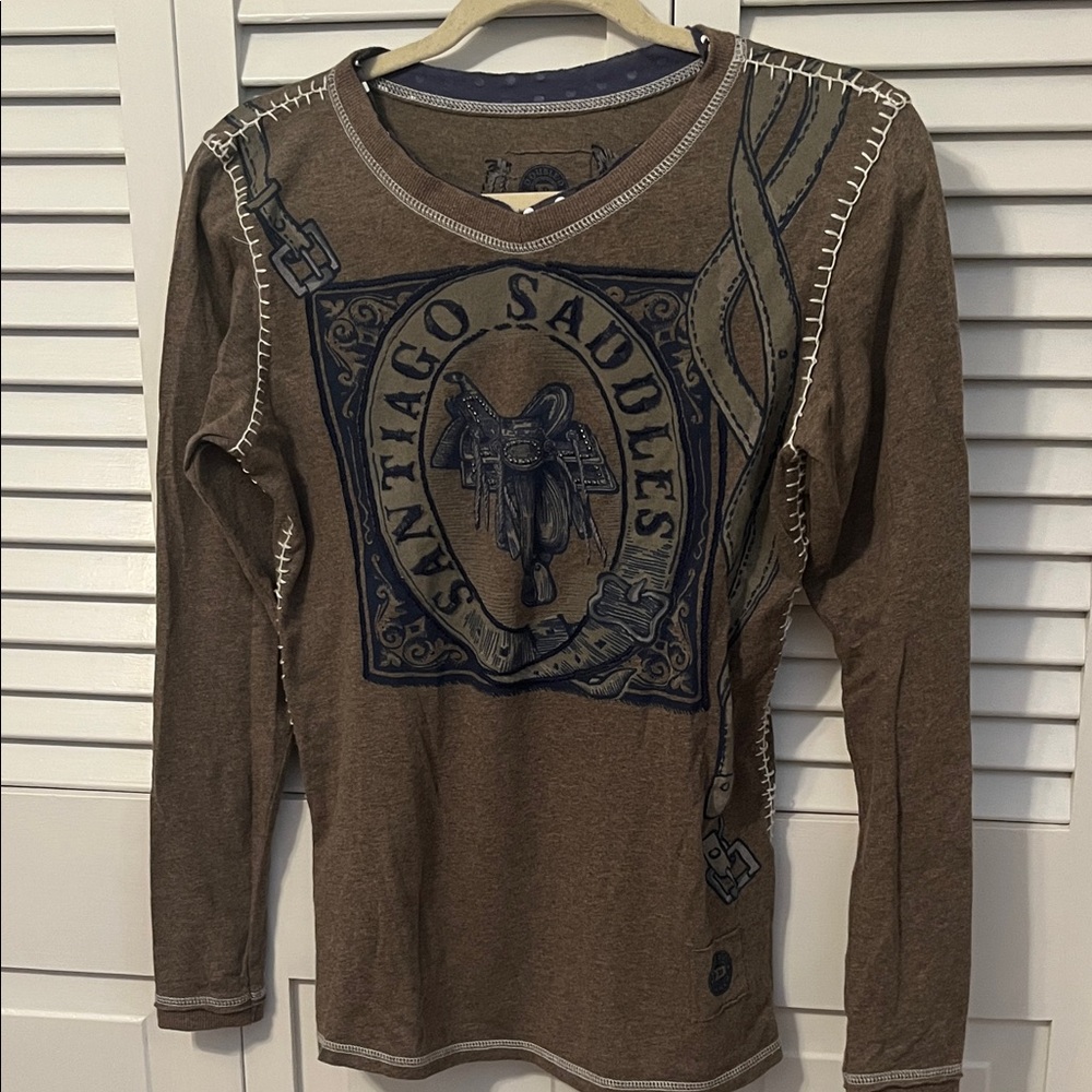 Double D Ranch Brown Long Sleeve Graphic Tee with Navy Saddle Motif